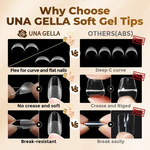 UNA GELLA Oval Fake Nails Pre-shape 504pcs Almond Gel Nail Tips Round Almond Press on Nails for Full Cover Acrylic Round Oval Full Nails False Nails 12 Sizes False Soft Gel Tips