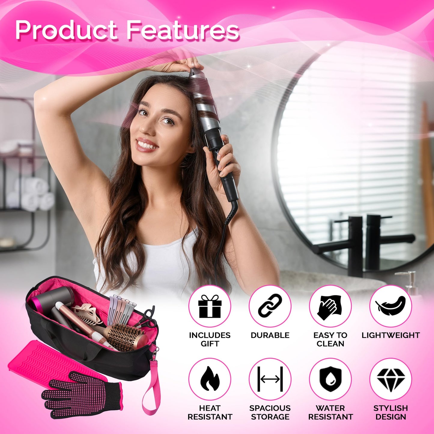 Hair Tool Travel Bag with Heat Resistant Mat for Flat Iron, Straighteners, Curling Iron, Makeup, Toiletries & Haircare Accessories, Portable Hot Tools Organizer with Silicone Mat & Glove