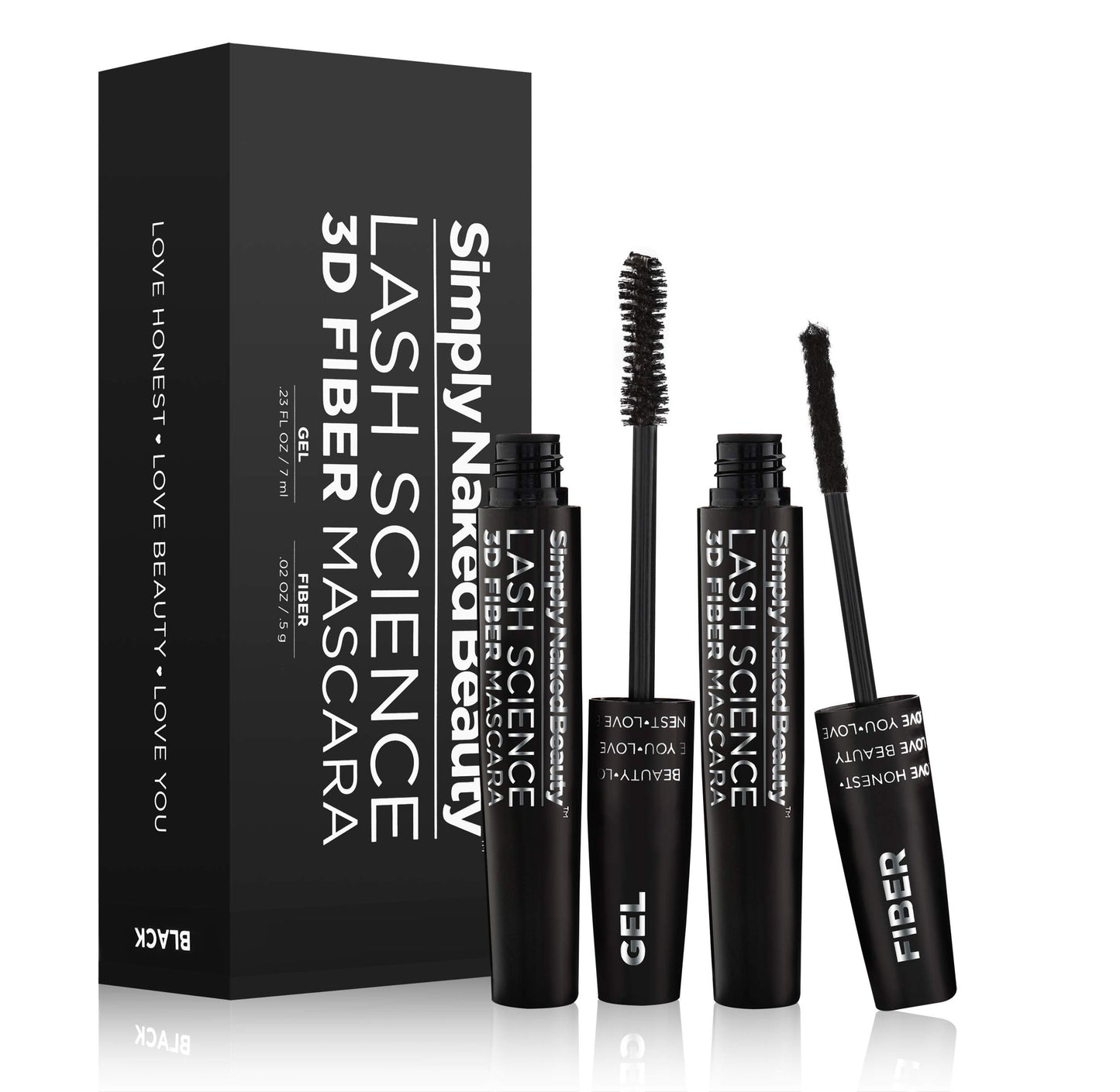 3D Fiber Lash Mascara Kit (2 tubes) by Simply Naked Beauty. Waterproof, lengthening voluminous, on lashes all day. Best and highest rated 3D and 4D gel and fiber formula. Non toxic, hypoallergenic, Natural. Black. One Gel Tube and One Fiber Tube included