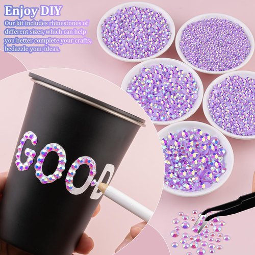 16000Pcs Resin Jelly Rhinestones for Crafting, Lavender Purple AB Non Hotfix Flatback Gems, Bedazzling Crystal with 3Pcs 10ml B7000 Jewelry Glue for DIY Crafts Clothing Tumblers Shoes Nail Art