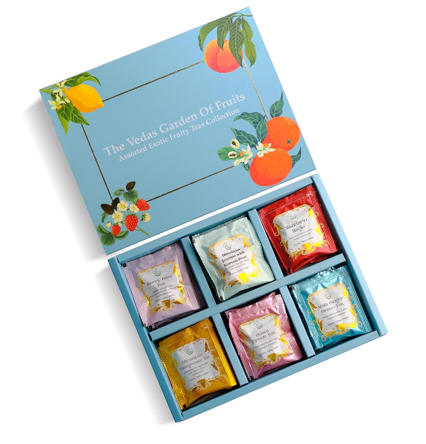 Vedas Garden of Fruits Premium Herbal Tea Gift Set - Eco-Friendly 24 Hand-Stitched Teabags | 6 Unique Flavors for All Occasions