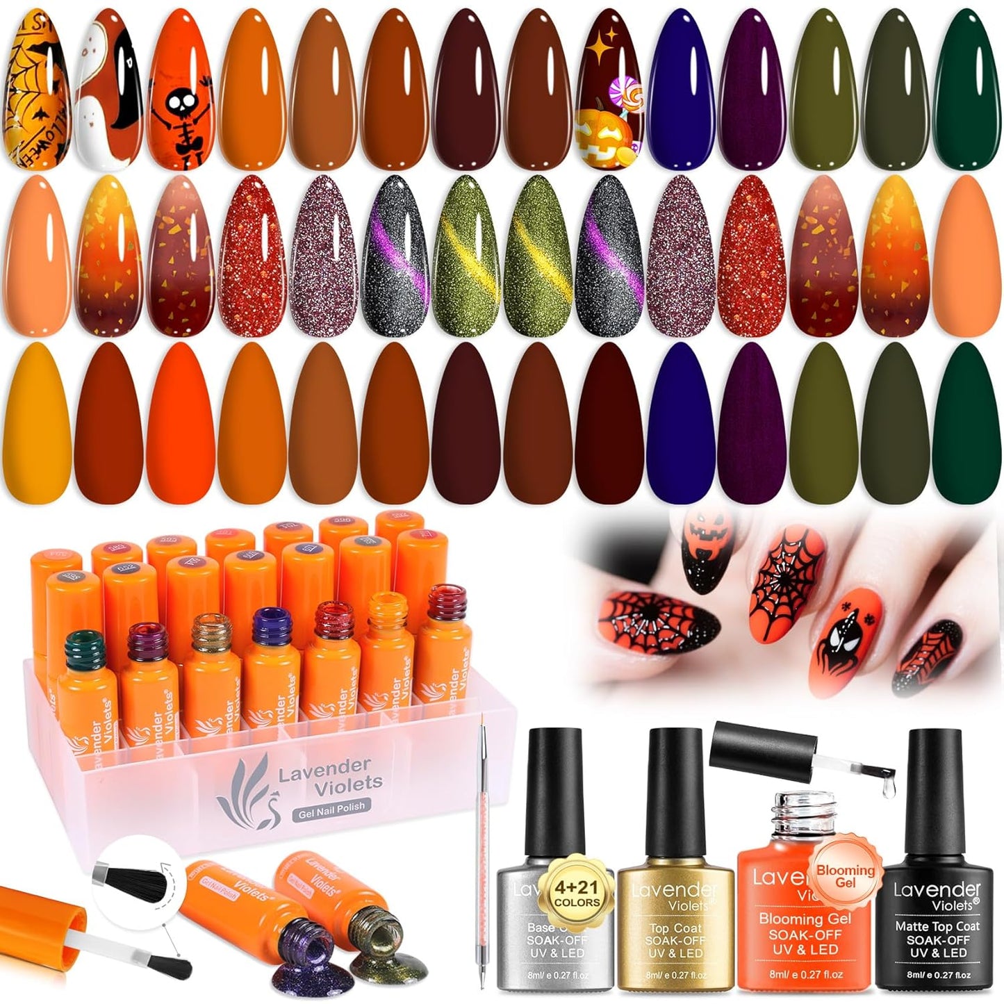 Lavender Violets 49 PCS Gel Nail Polish Set,45 Colors Summer Neon Glow in the Dark Effect with Nail Primer,Builder Base Coat,Glossy,Matte Top Coat Red Jelly Nude Glitter New Year Gifts for Women A950