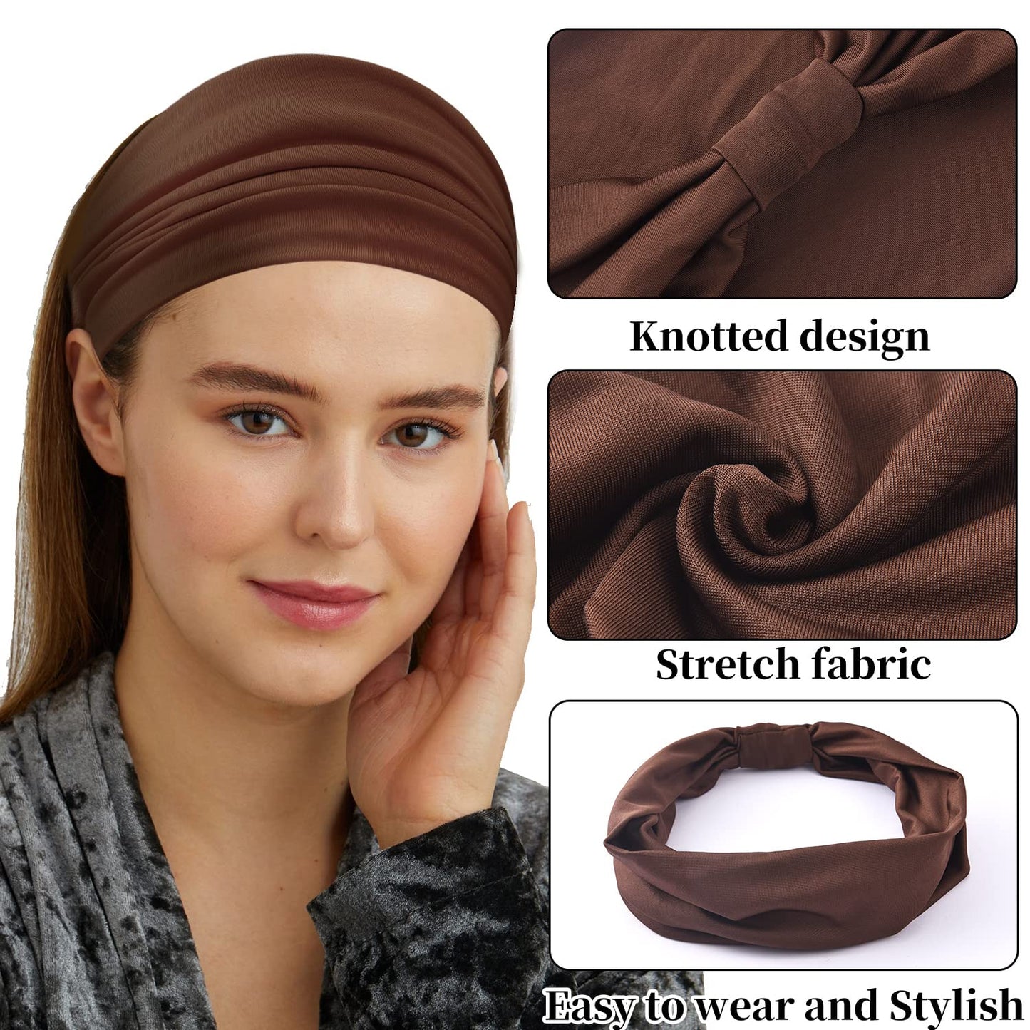 Yeshan Women's Wide Boho Knotted Non-Slip Turban Headwraps - Stretchy Bandeau Hair Bands for Sports, Yoga, Workouts, Pack of 8