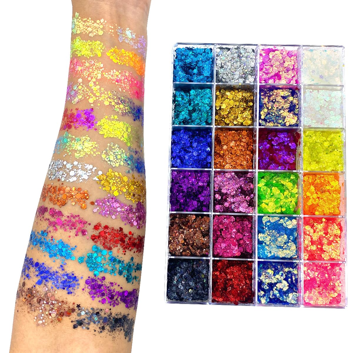 24 Color Pro Pallet - Holographic Body Glitter Gel for Body, Face, Hair - Vegan & Cruelty Free - Electric Bliss Beauty (24 Pack)