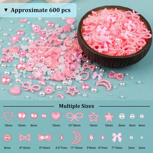 600Pcs 3D Multi Shapes Nail Charms and Flatback Pearls, Pink&White Mix Styles Heart Star Bow Sunflower Embellishments for Nail Art, Craft and Decoration with Glue Gel, Tweezer and Pickup Pencil