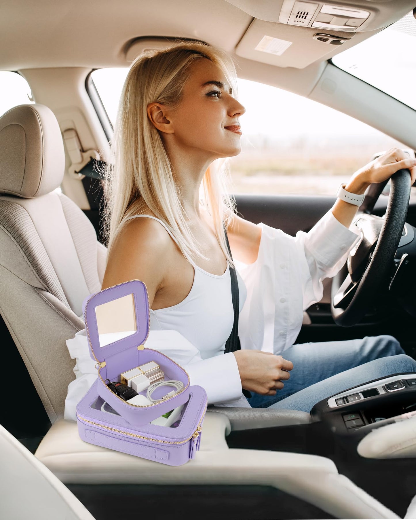 XUGUXA Clear Makeup Bag | Mini Makeup Bag | Small Makeup Bag/Small Cosmetic Bag for Purse | Cute Leather Makeup Pouch | Purse Organizer | Car Travel Purse Essentials for Women (Purple Mini)