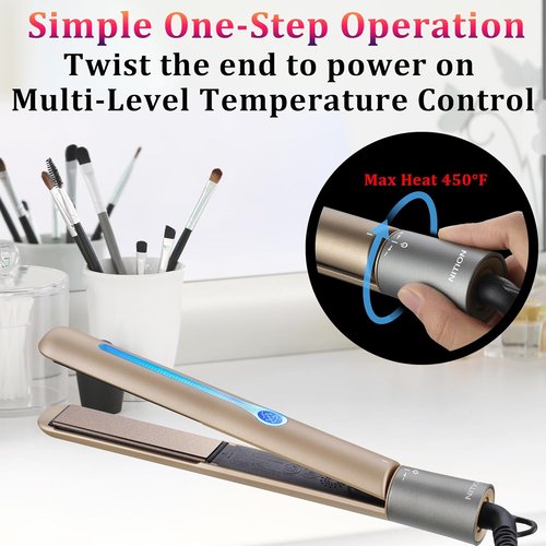 NITION Ceramic Tourmaline Hair Straightener - Fast Heating LCD Flat Iron with 3D Floating Plates | Travel Pouch Included