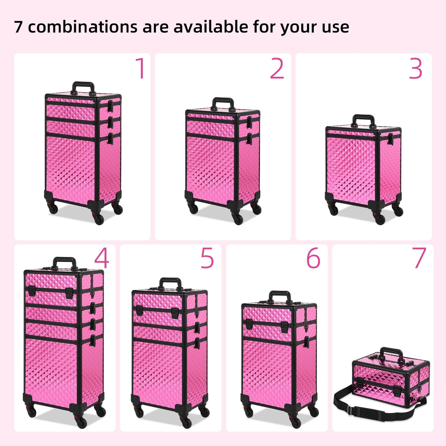 Somduy Rolling Makeup Case, Makeup Train Case with Lid, 5 in 1 Cosmetology Case on Wheels, Christmas Gift, Large Makeup Case Organizers, Profesional Cosmetic Case for Salon Barber, Rose Red