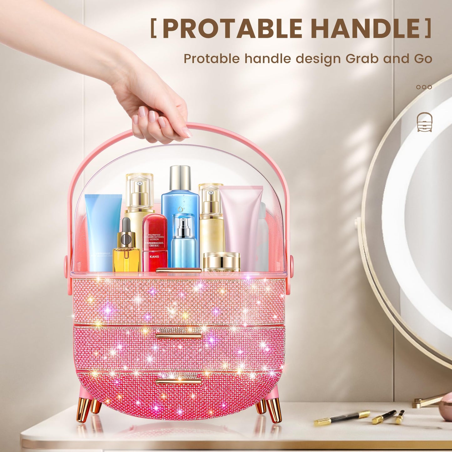 Ptesly Teen Girls Gift Makeup Organizer,Skincare Organizer Jewelry Storage,Cosmetics Storage and Display Case,Make Up Holders and Organizers for Countertop,Bathroom Organizer (PearlPink)