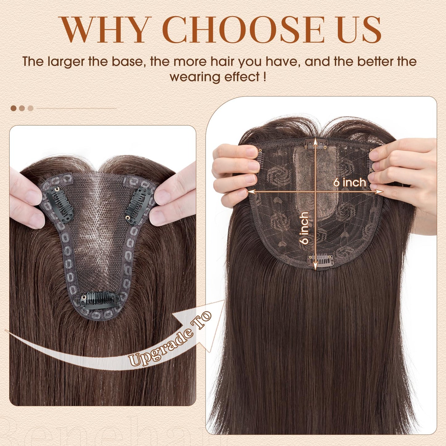 Benehair 14 Inch Hair Toppers for Women 6"x6" Lace Base Clip in Synthetic Hairpieces Wiglets with Bangs Long Straight Hair Topper with Thinning Hair 120g Dark Brown