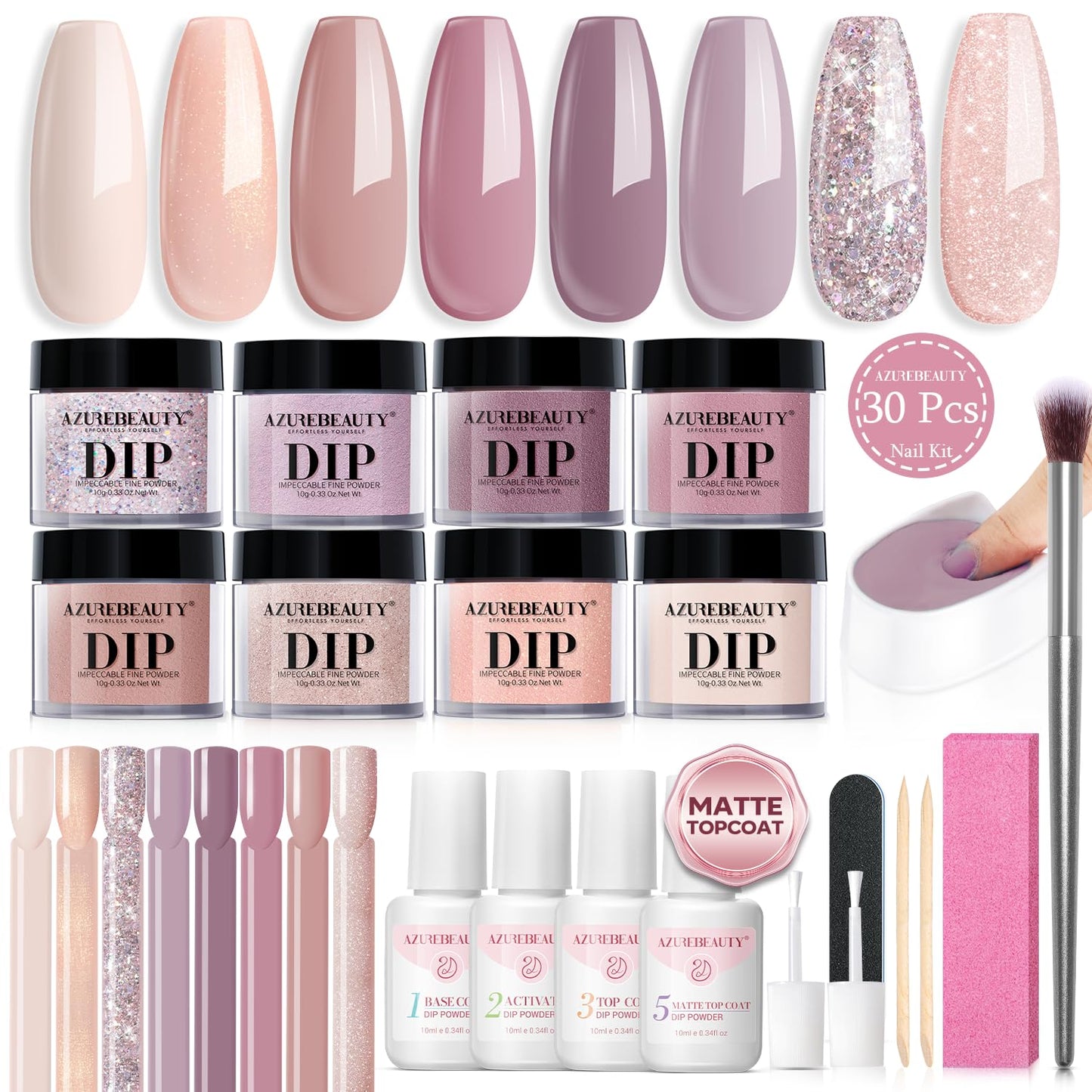 AZUREBEAUTY Dip Powder Nail Starter Kit with Matte Coat, 8 Hot Pink Glitter Neon Summer Color, Dipping Powder Liquid Set with Base/Top Coat/ Activator/10 Nail Sticks Salon at Home