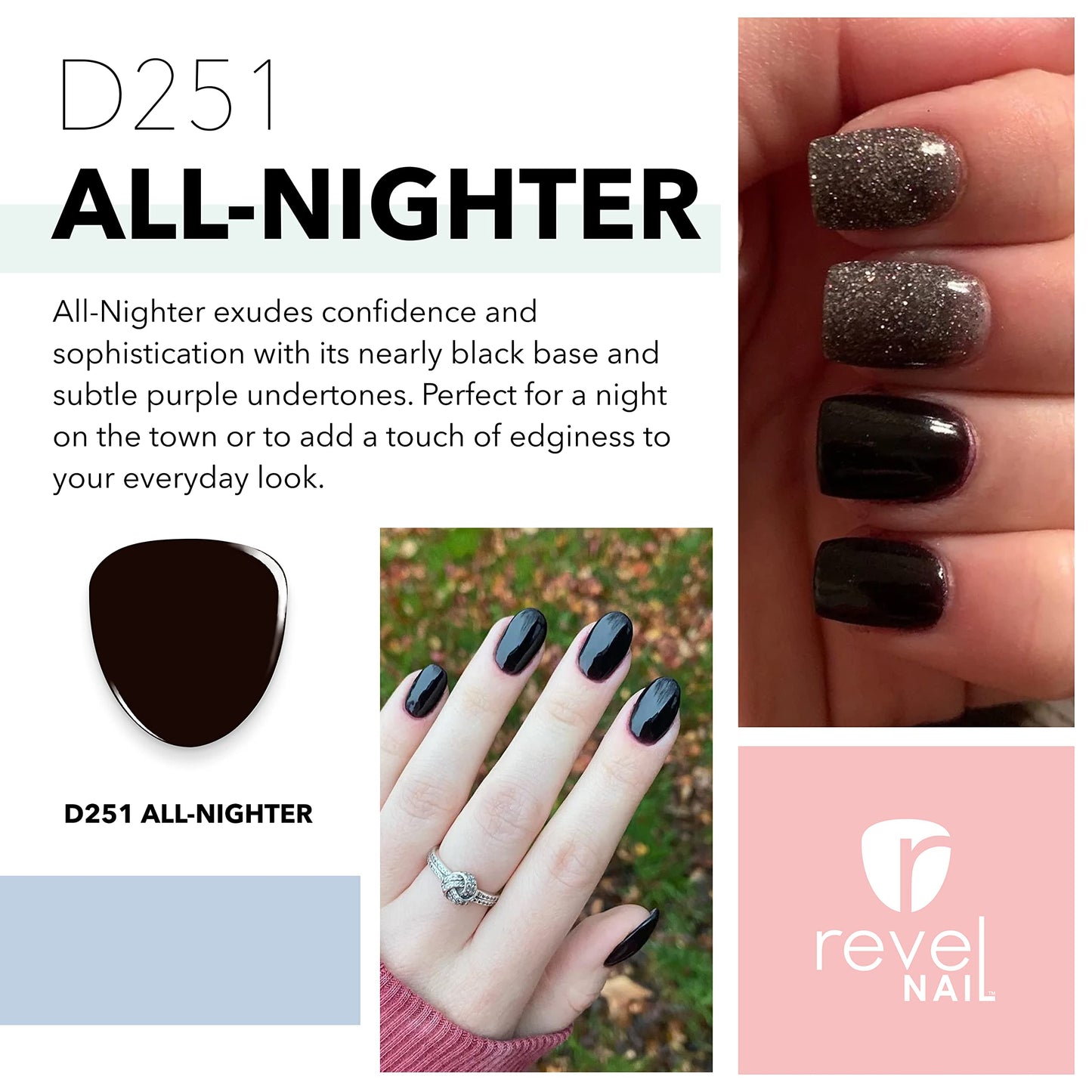 Revel Nail Dip Powder - Purple Black Dip Powder for Nails, Chip Resistant Dip Nail Powder with Vitamin E and Calcium, DIY Manicure, All Nighter