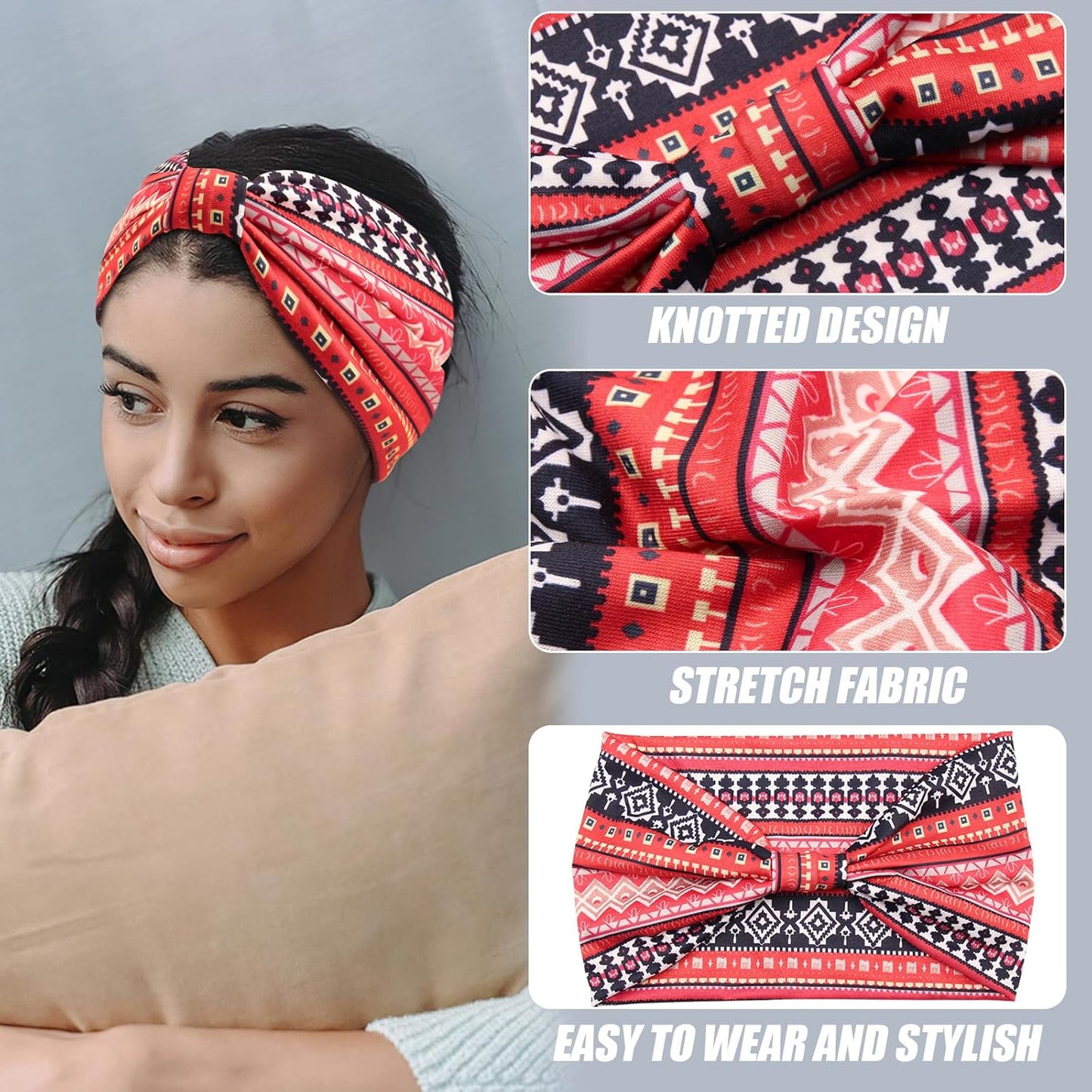Yeshan Women's Wide Boho Knotted Non-Slip Turban Headwraps - Stretchy Bandeau Hair Bands for Sports, Yoga, Workouts, Pack of 8