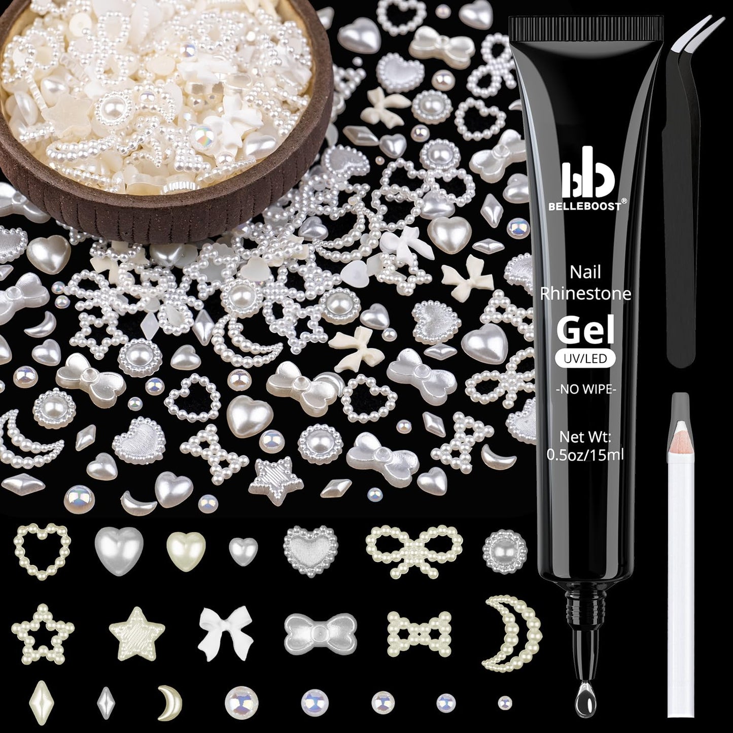 600Pcs 3D Multi Shapes Nail Charms and Flatback Pearls, Beige Mix Styles Heart Star Bow Sunflower Embellishments for Nail Art, Craft and Decoration with Glue Gel, Tweezer and Pickup Pencil