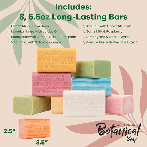 Australian Botanical Soap, 6.6 OZ, Triple Milled Bars made with Pure Plant Oil, a Natural Soap Base and Enriched with Organic Shea Butter, for Men, Women and All Skin Types, Variety Pack of 8