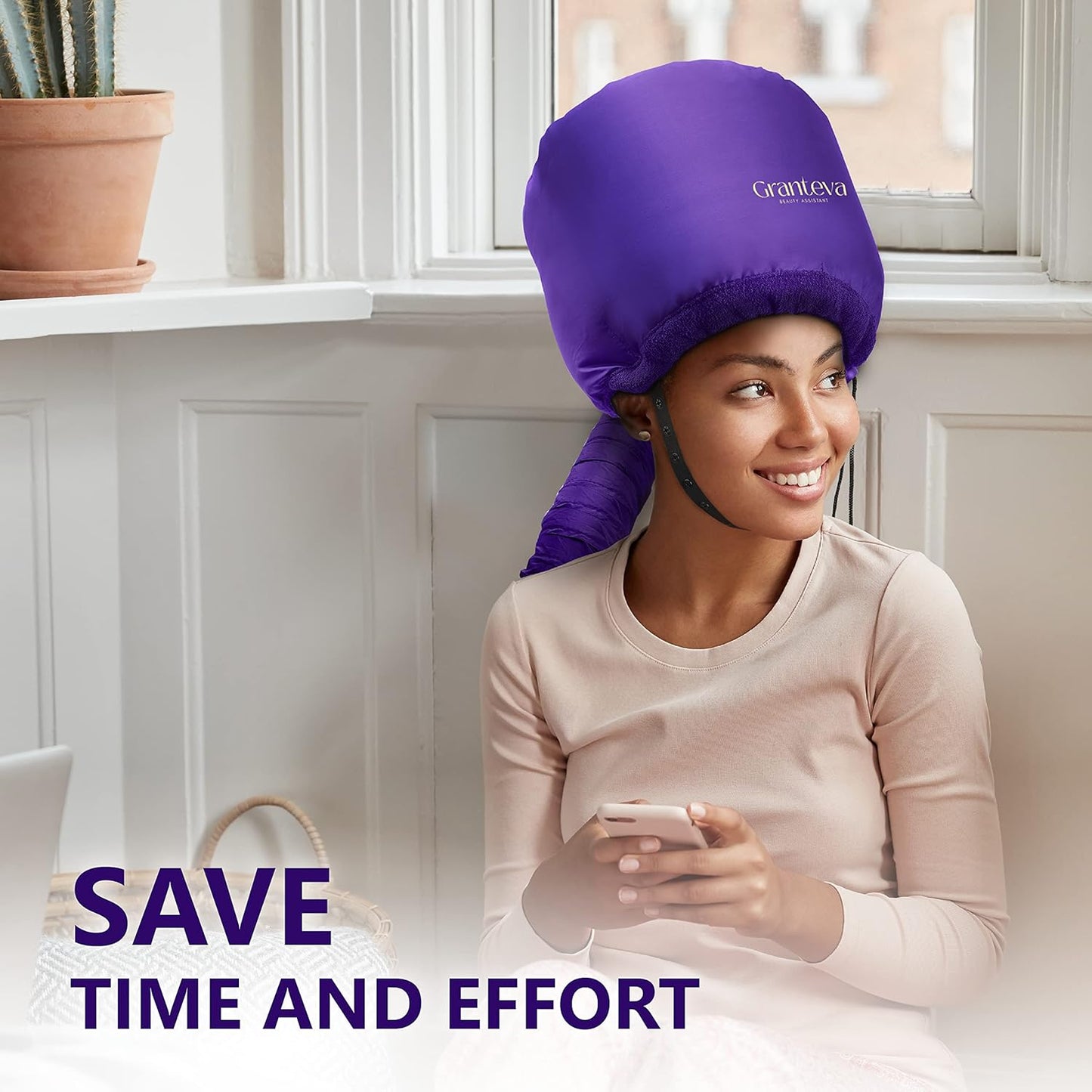 Bonnet Hair Dryer w/A Headband Integrated That Reduces Heat Around Ears & Neck - Diffuser Cap for Hair Dryer Curly Hair, Speeds Up Drying Time, Deep Conditioning at Home - Large (Purple)