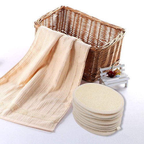 10-Pack Exfoliating Loofah Sponge Pads - Natural Luffa & Terry Cloth, Body Scrubbers for Shower & Bath Mooerca