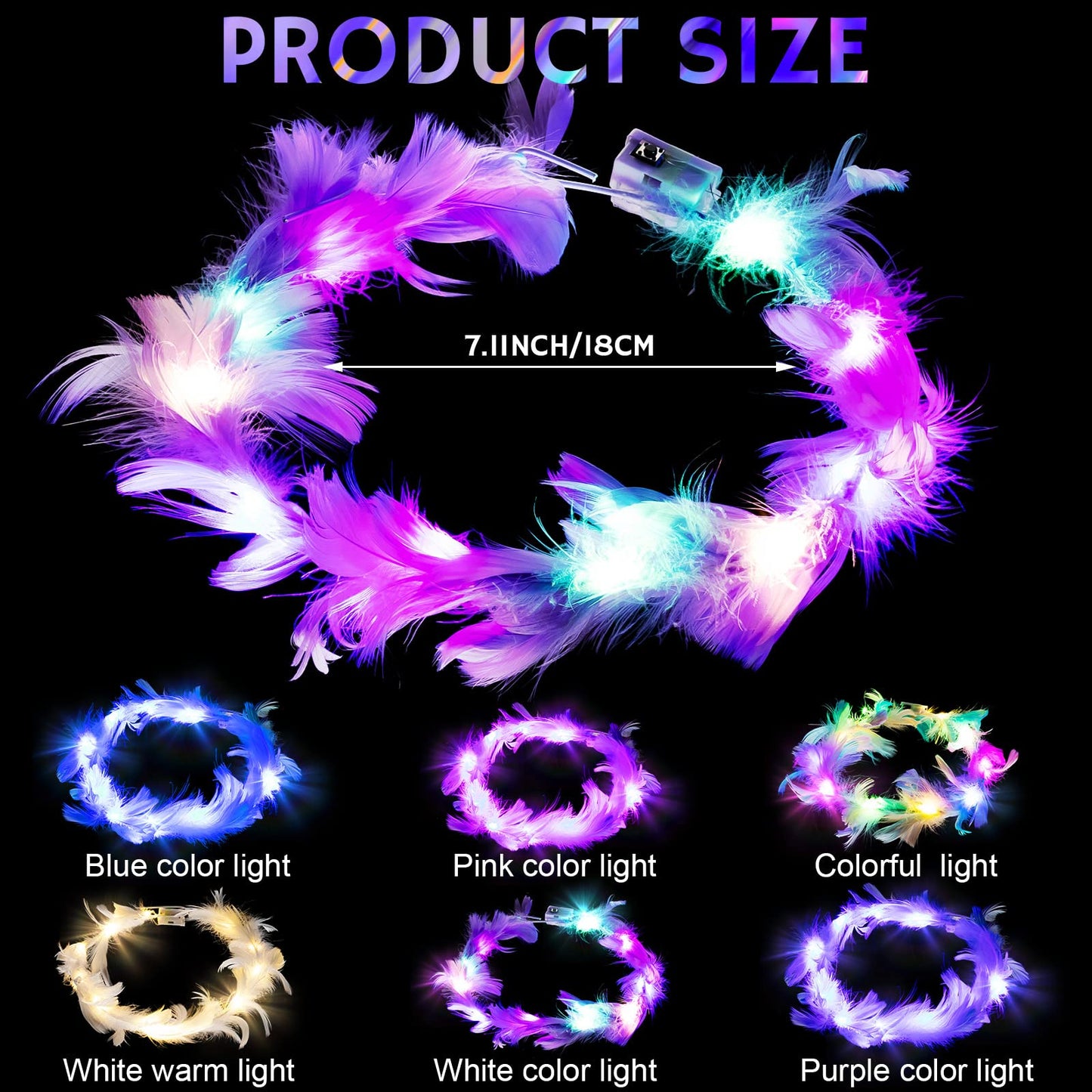 Janinka 28 Pcs Feather Crown Headband - 6 Styles LED Light Up Hair Accessories with 3 Light Modes for Women Girls Wedding Festival Party