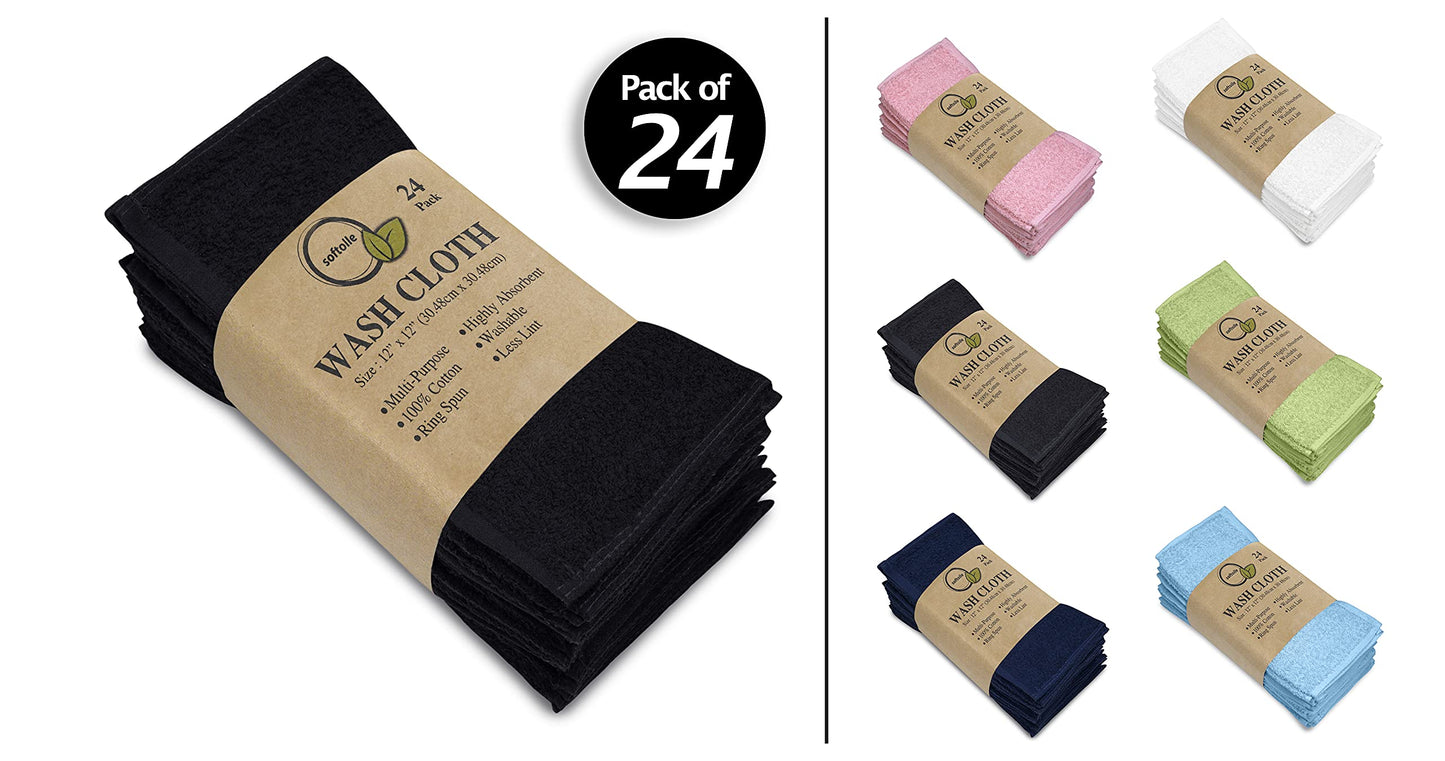 Softolle 100% Cotton Ring Spun Wash Cloths – Bulk Pack of Washcloths – 12x12 Inches – Wash Cloth for Face, Highly Absorbent, Soft and Face Towels (Black, 24 Pack)
