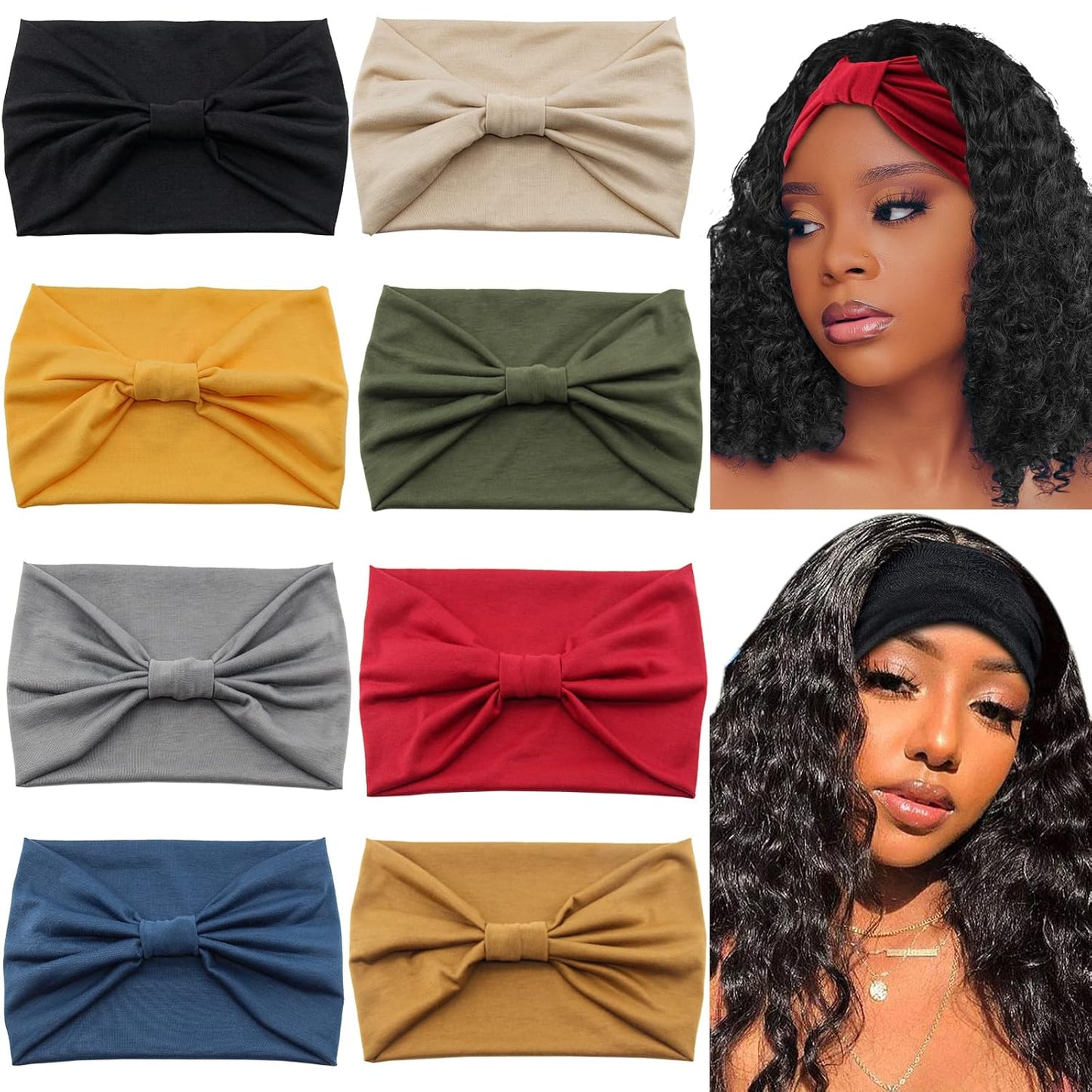 Yeshan Women's Wide Boho Knotted Non-Slip Turban Headwraps - Stretchy Bandeau Hair Bands for Sports, Yoga, Workouts, Pack of 8