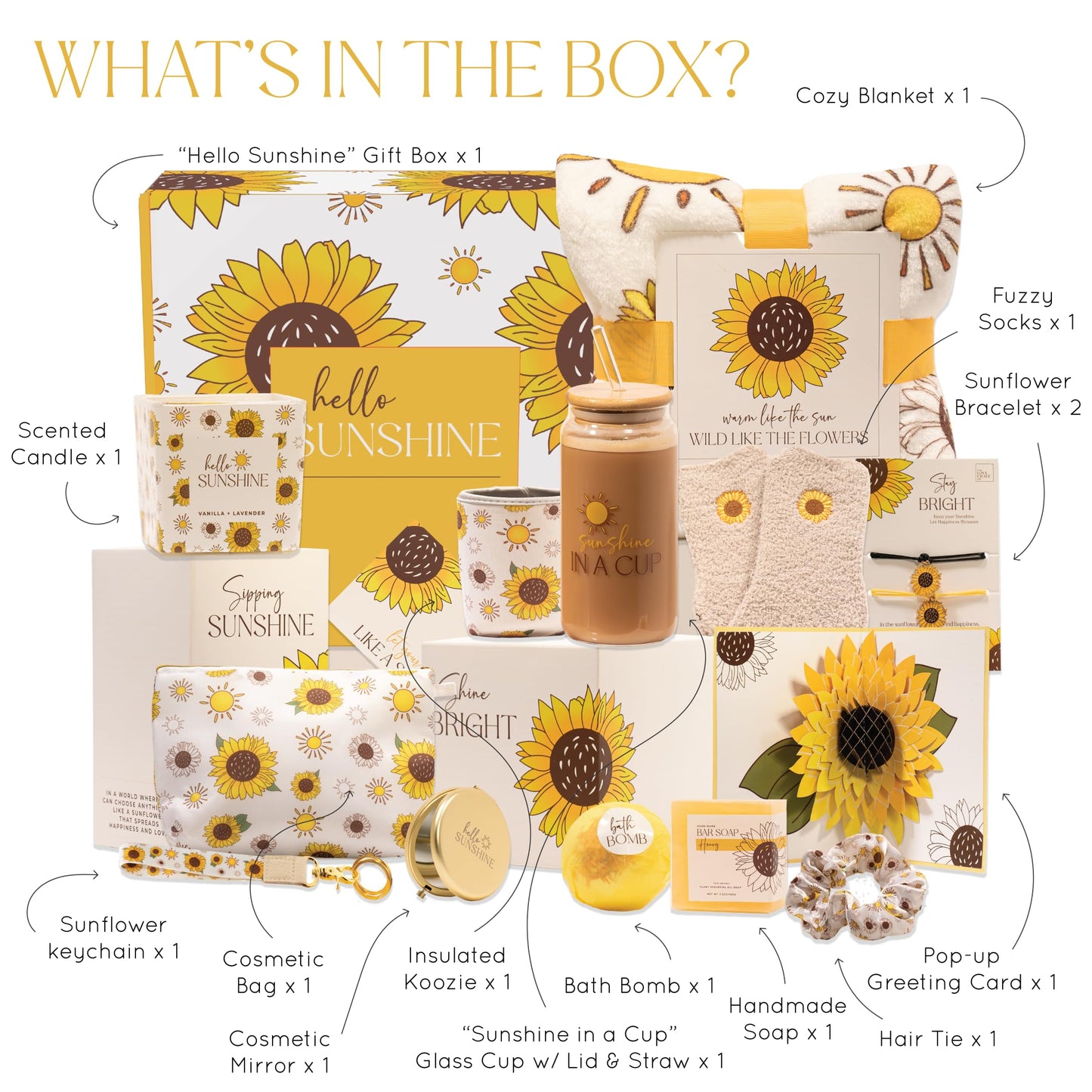 The Love Crate Co Sunflower Gifts for Women, 15pc Gift Box for Birthdays, Get Well Soon Basket, Thinking of You Care Package, Sunshine and Wellness Presents for Women.