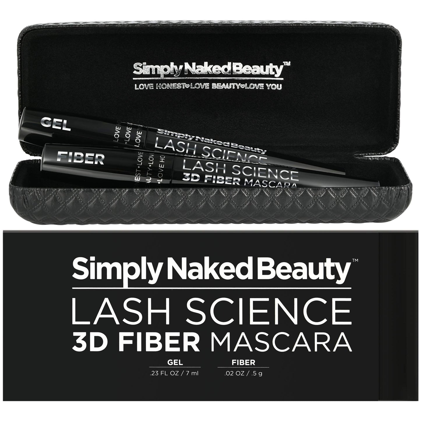 3D Fiber Lash Mascara Kit (2 tubes) by Simply Naked Beauty. Waterproof, lengthening voluminous, on lashes all day. Best and highest rated 3D and 4D gel and fiber formula. Non toxic, hypoallergenic, Natural. Black. One Gel Tube and One Fiber Tube included