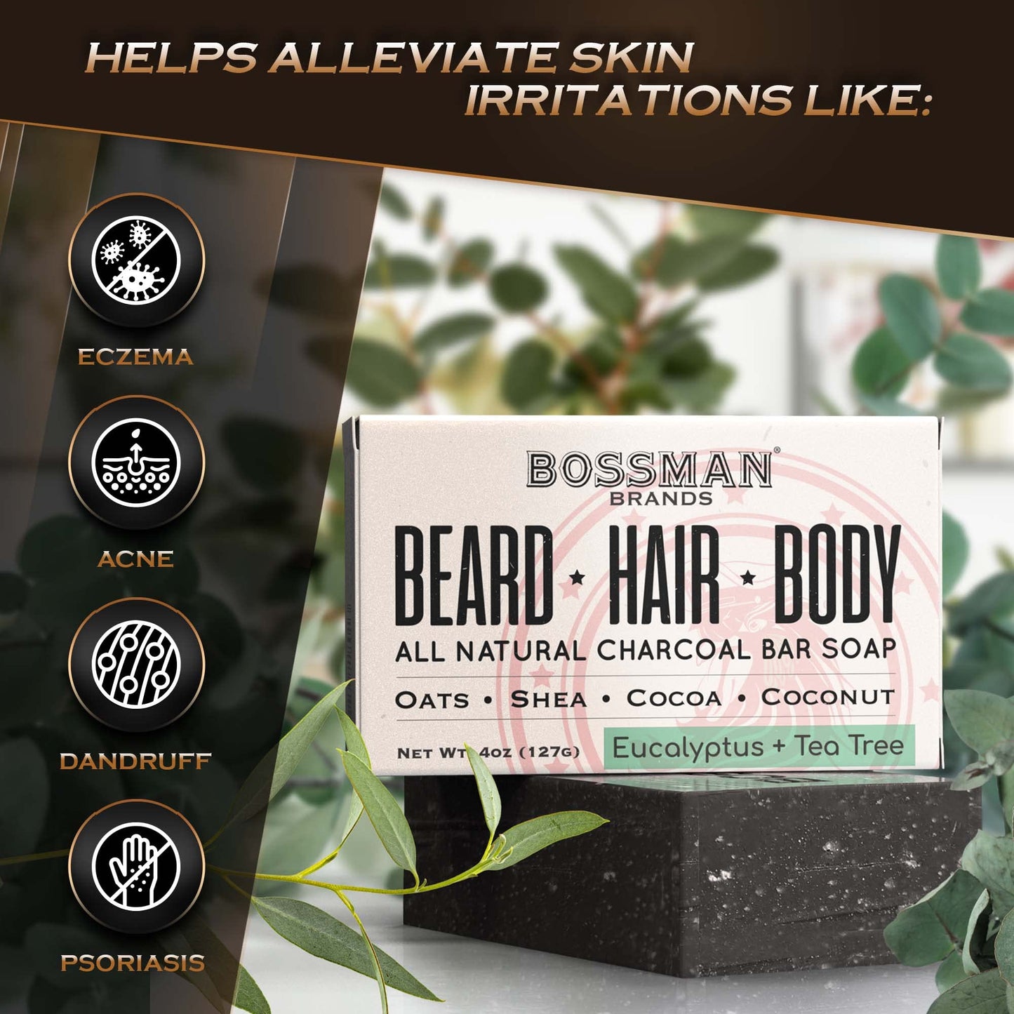 Bossman 3 Pack Mens Bar Soap 4-in-1 All Natural Organic Beard Wash, Shampoo, Body Wash, Shaving and Bath Soap - Essential Beard Care (4oz), Scent- Eucalyptus and Tea Tree