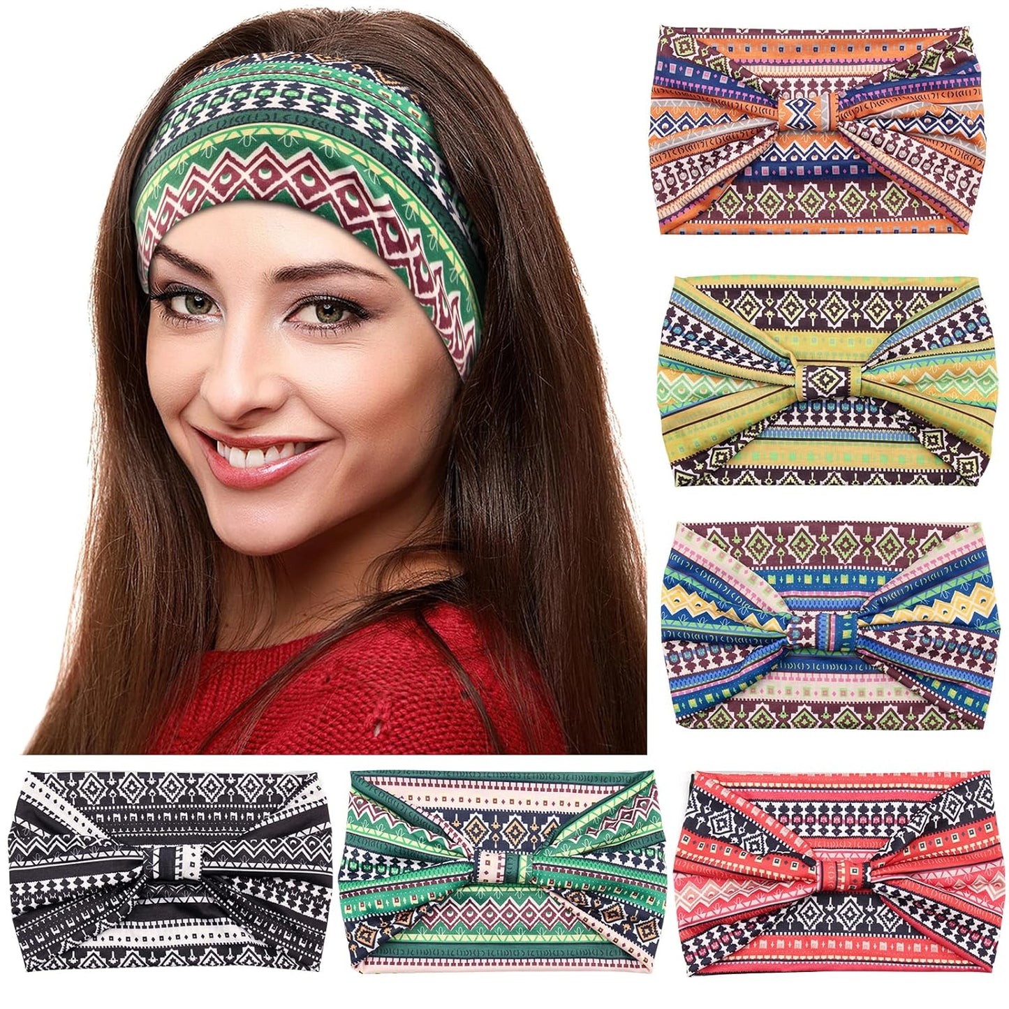 Yeshan Women's Wide Boho Knotted Non-Slip Turban Headwraps - Stretchy Bandeau Hair Bands for Sports, Yoga, Workouts, Pack of 8