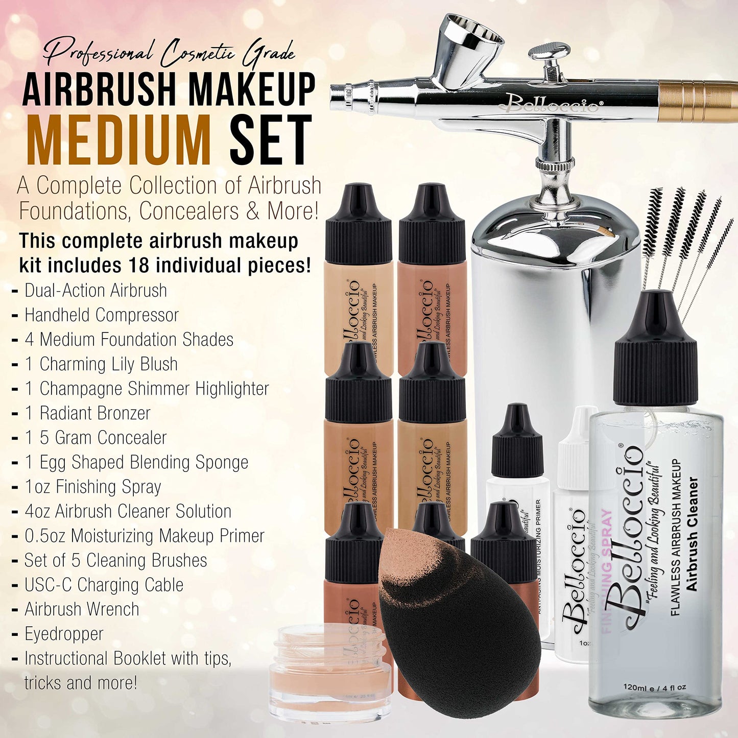 Belloccio Complete Cordless Handheld Airbrush Cosmetic Makeup System with 4 Medium Foundation Shades, Professional 18-Piece Kit, Moisturizing Primer, Blush, Bronzer, Highlighter, Concealer, User Guide