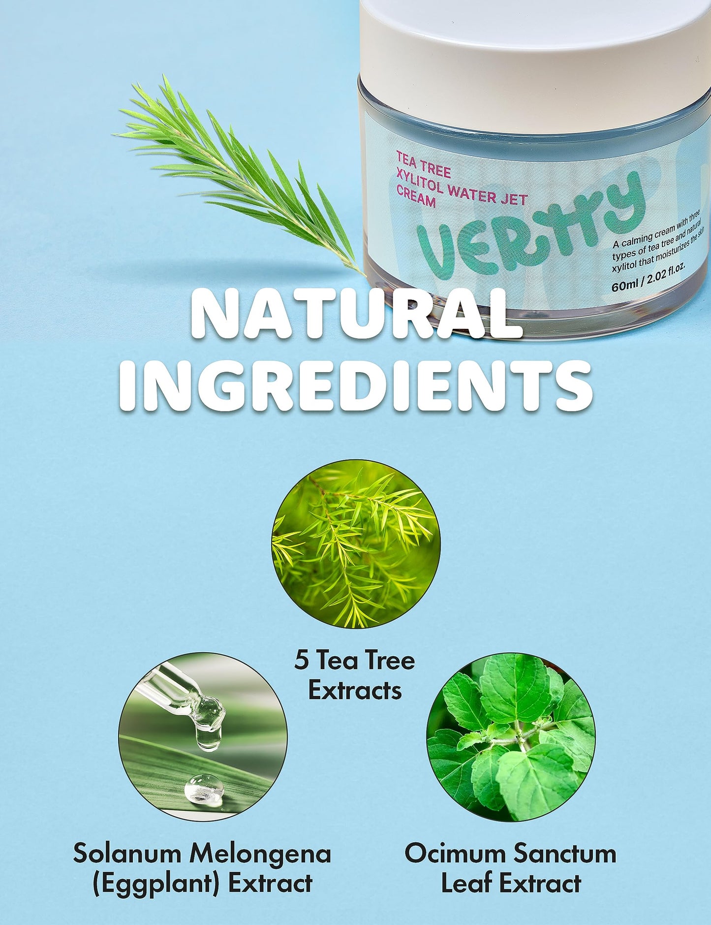 vertty Tea Tree XYLITOL Hydrating Facial Cream | Cooling, Redness Relief, Moisturizing Water Cream | Non-Comedogenic Moisturizer for Face | Long-lasting Hydration | Teens & Kids Skin Care (2oz)