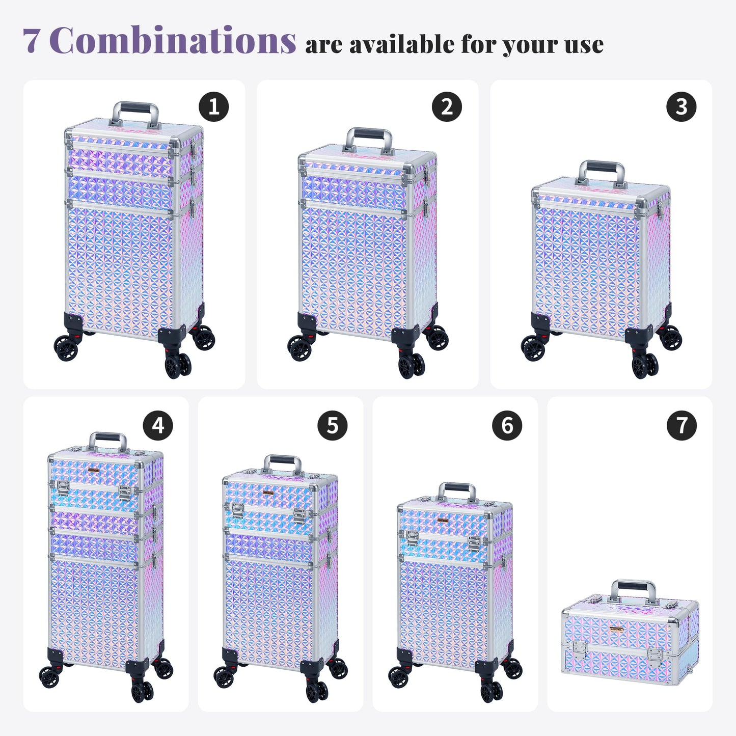 JINGUAN Rolling Makeup Train Case Large Storage Cosmetic Trolley 5 in 1 Large Capacity Trolley Makeup Travel Case with Key Swivel Wheels Salon Barber Case Traveling Cart Trunk, Silver