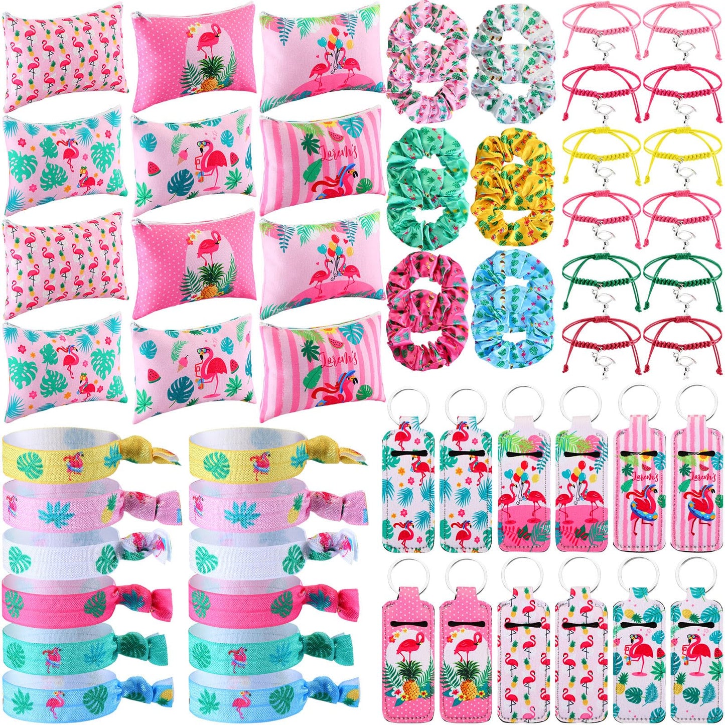 Abbylike 60 Pcs Flamingo Party Favors 12 Flamingo Print Cosmetic Makeup Bag 12 Charm Bracelets 12 Flamingo Hair Scrunchies 12 Tropical Hair Ties 12 Keychains for Birthday Summer Beach Hawaiian Gift