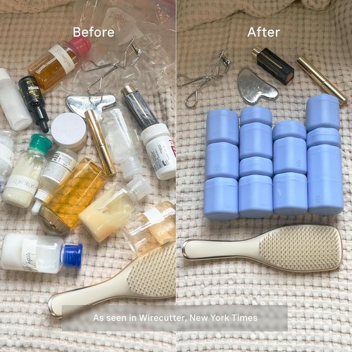 Cadence Travel Containers Basic Skincare Set - Magnetic Lids for Easy Travel | 3 Small Capsules (0.56oz) - Cleanser, Moisturizer & Sun-Icon Labels - Pacific