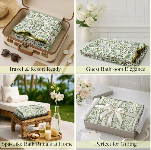 CPC Cotton Print Club Agate Green Block Printed Cotton Waffle Bath Towels - Soft, Quick-Dry, Set of 2, 27x54
