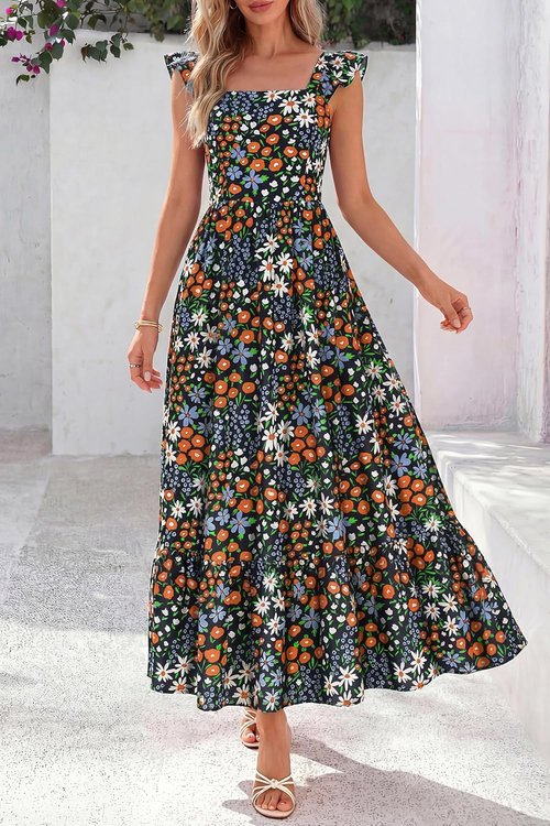 Dowerme Women's Floral Boho Midi Dress - Ruffle Sleeve, Square Neck, Perfect for Spring Beach Parties