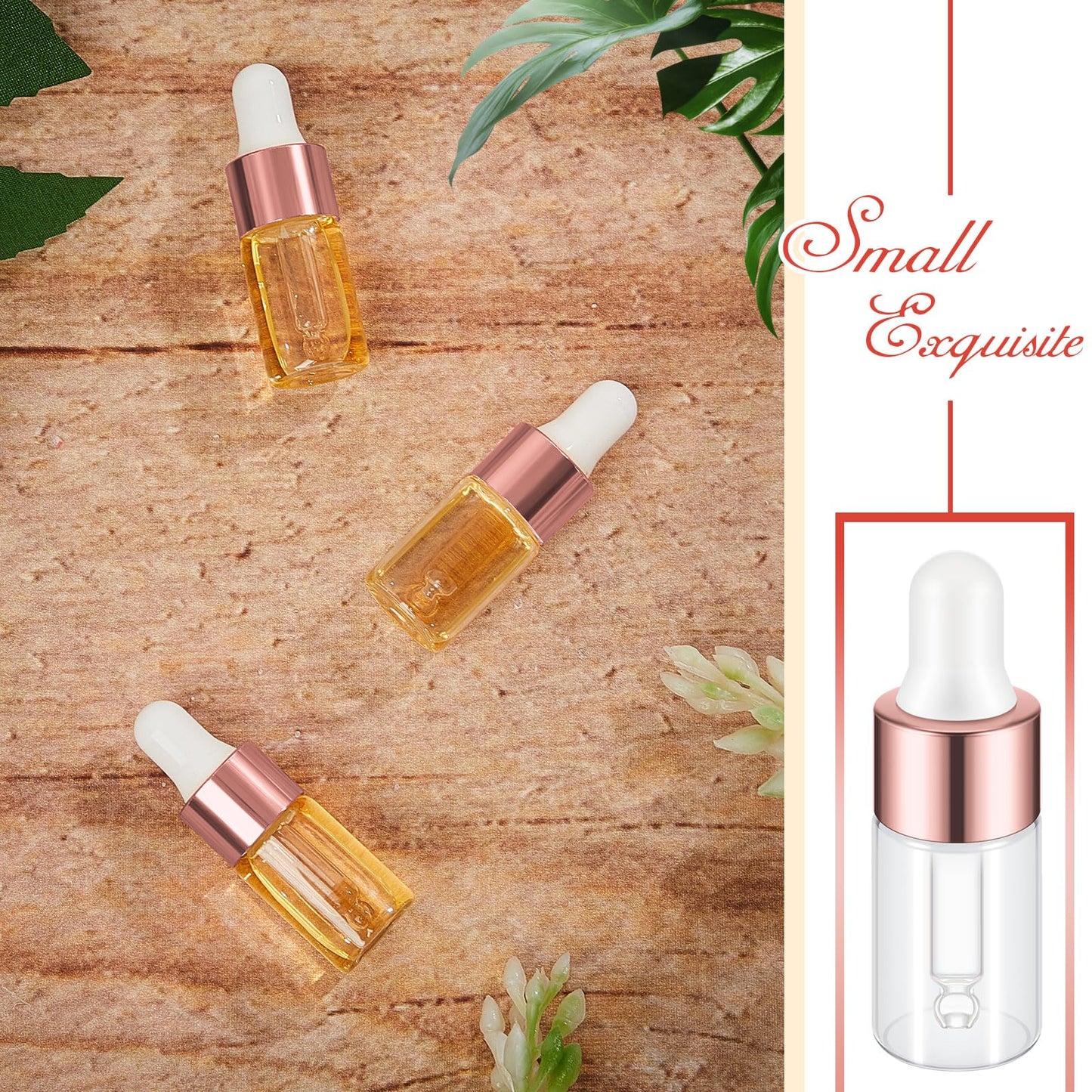 Didaey 100 Pcs Mini Glass Oil Dropper Bottle Bulk, 3 ml Rose Gold Clear Essential Small Empty Bottles Sample Containers Perfume Liquid Vials with Cap for Traveling