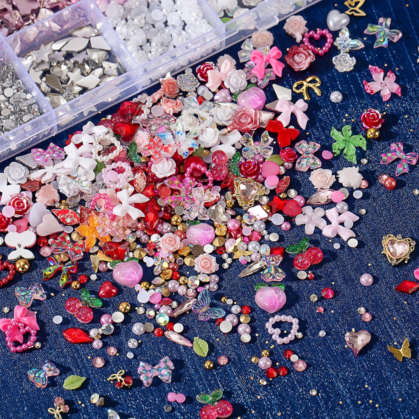 28 Grids Nail Charms Kit with Rhinestones for Nails, 3D Kawaii Bows, Cherry, Flowers, Butterfly. Red Pink Gold Nail Gems, Pearls & Metal Studs. DIY Manicure Art Supplies with Wax Pen & Tweezers