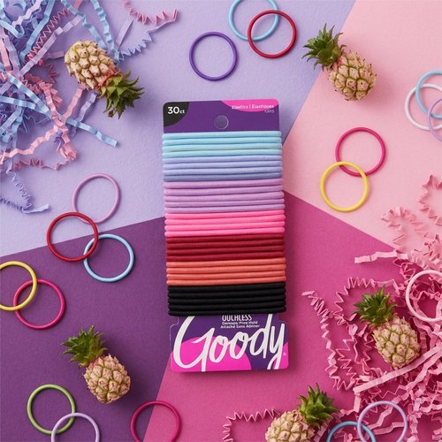 Goody Ouchless Hair Elastics - No Pull, No Breakage, Tangle-Free Hold for Thick, Curly, Coily & Textured Hair - 30 Count, Rainbow, Long-Lasting Ponytail Holders for Women & Men