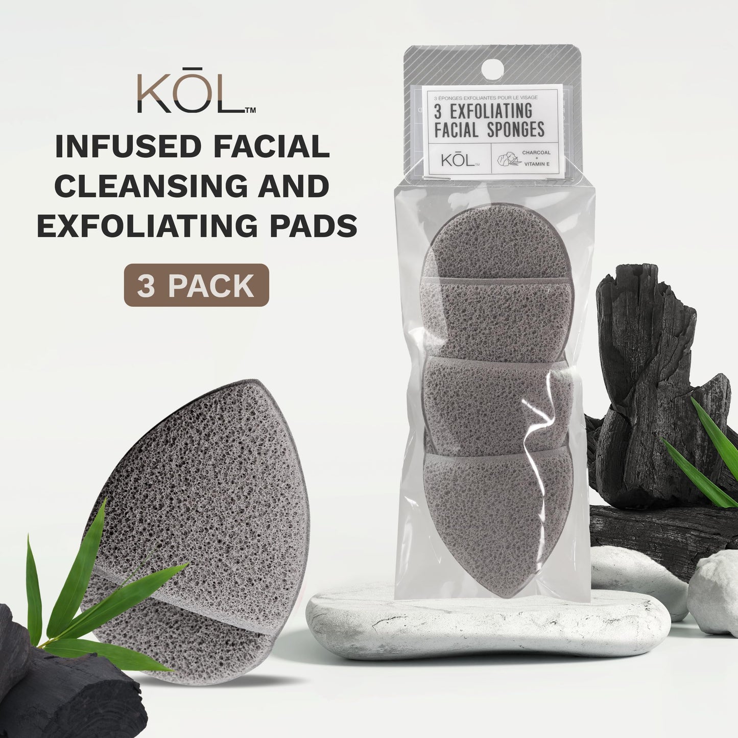 KOL Face Scrubber, Premium Charcoal and Vitamin E Infused Facial Cleansing and Exfoliating Pads for Daily Cleaning and Makeup Removal, 3 Count