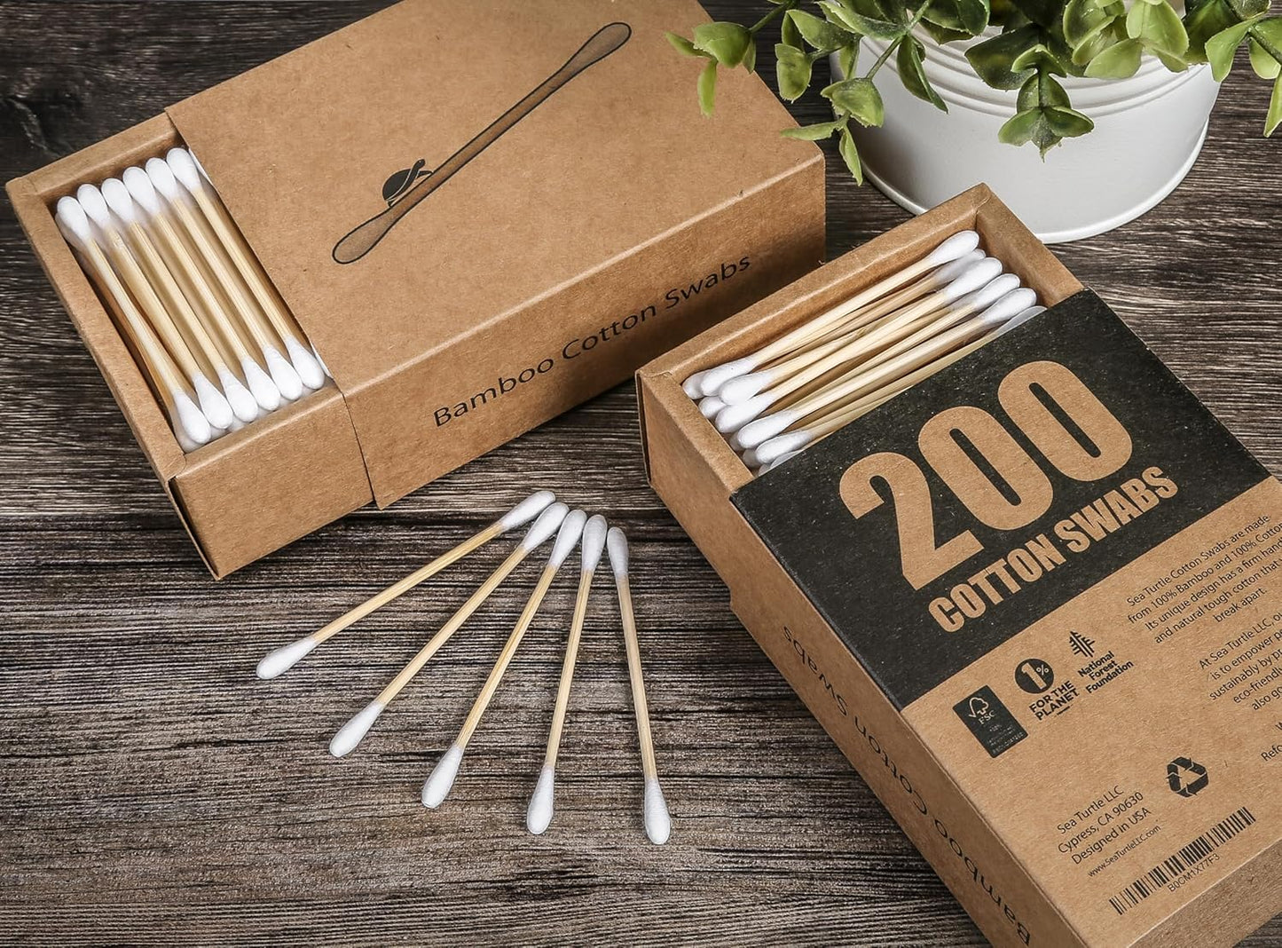 Sea Turtle Bamboo Cotton Swabs - Eco-Friendly, Vegan, 200 Count, Double-Tipped, 100% Biodegradable