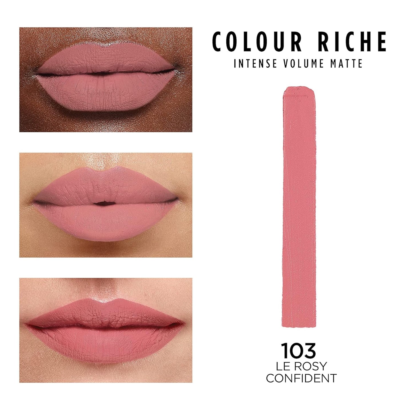 L'Oreal Paris Colour Riche Intense Volume Matte Lipstick, Lip Color Infused with Hyaluronic Acid for up to 16hr All Day Comfort, Le Rosy Confident, 0.06 Oz