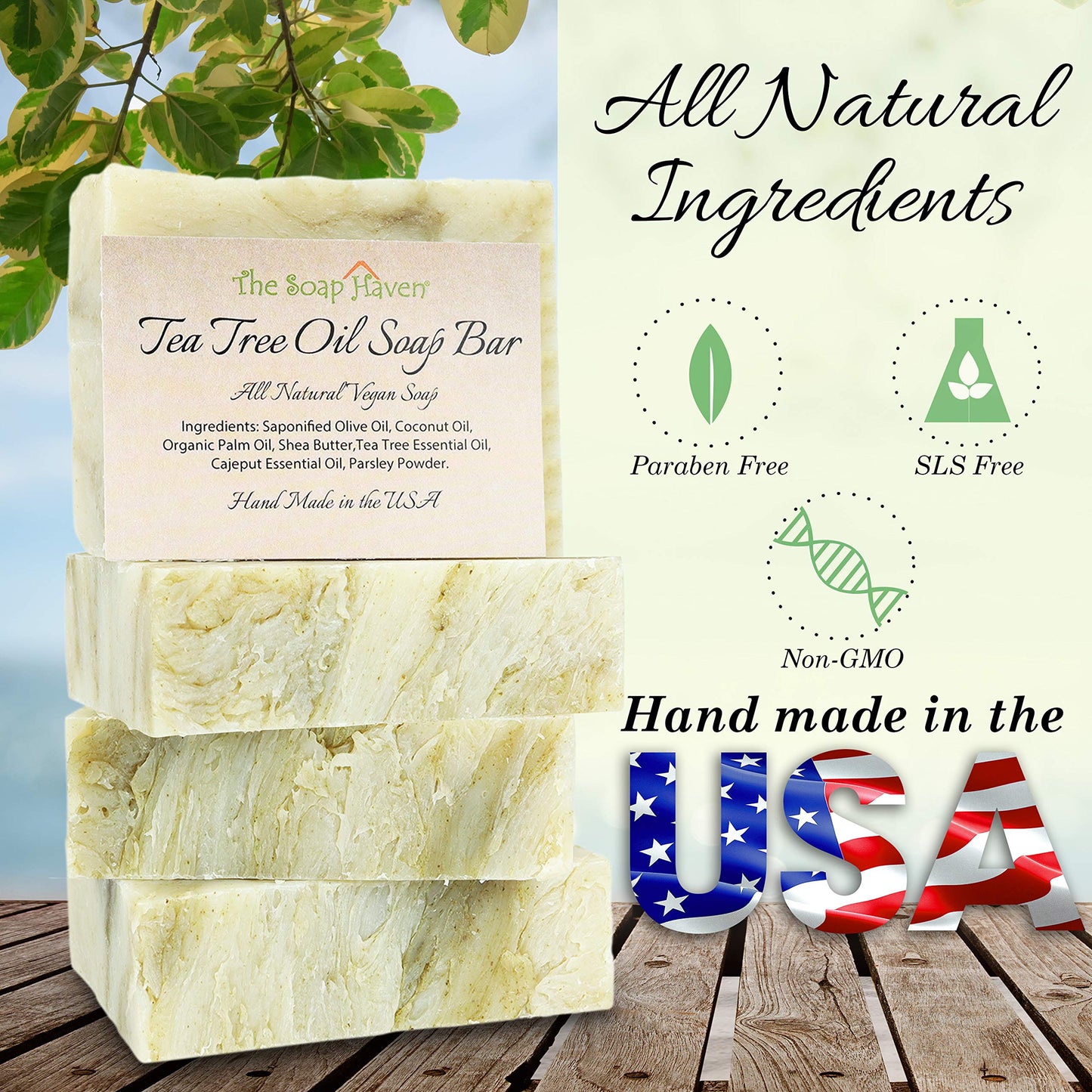 TEA TREE SOAP BAR - 4 Natural Tea Tree Oil Soap Bars for Face, Hand, Foot, Body Wash - Fights Blemishes, Itch, Body Odor. 4 Large 4.5 oz Bars, Handmade in USA with Non-GMO Ingredients