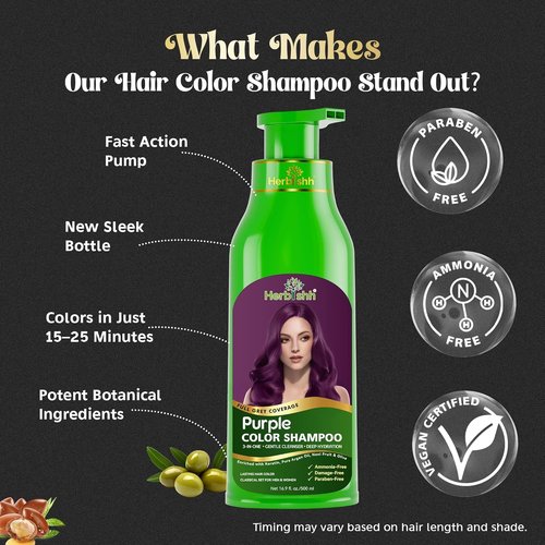 Herbishh Magic Hair Dye Shampoo - Color Gray Hair in Minutes - Long-Lasting Ammonia-Free Treatment (Purple) - 500ml