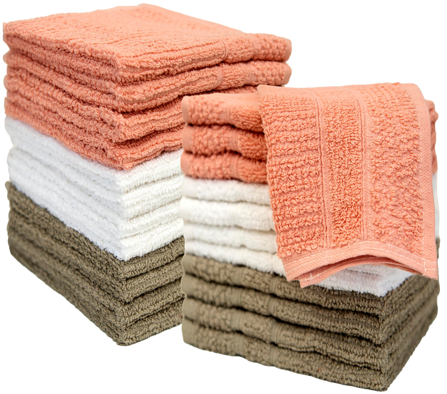 PH Pleasant Home Ribbed Wash Cloths Set - 12 Pack (12” x 12”) – 509 GSM - 100% Ring Spun Cotton Wash Cloth - Super Soft and Highly Absorbent Face Towels (Blush,White & Tan)