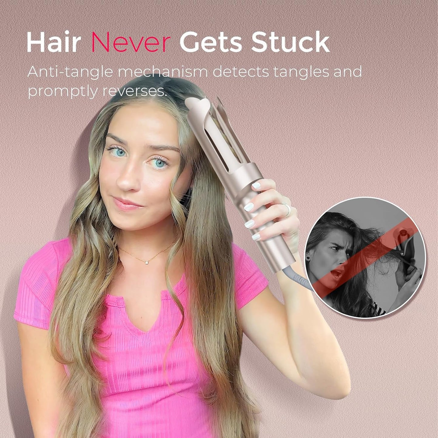 TYMO CurlPro Plus Automatic Curling Iron - Upgraded 1-Inch Long Barrel, Anti-Scald, Tangle-Free, Gold