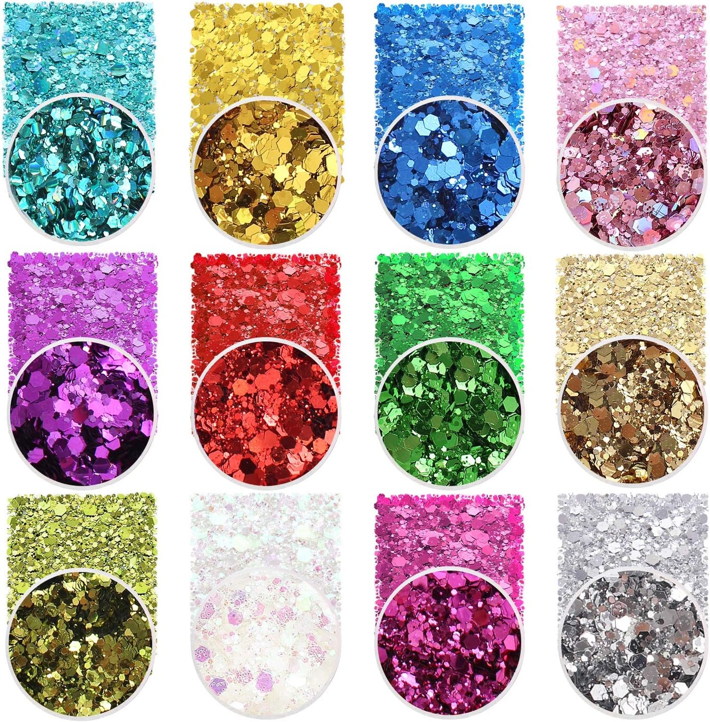 Holographic Chunky Glitter Sequins, 12 Colors Mixed Cosmetic Glitter for Face Body Eye Hair Nail Art Lip Gloss Makeup, Festival Glitter with Different Hexagons Size and Stars (Laser Mix)