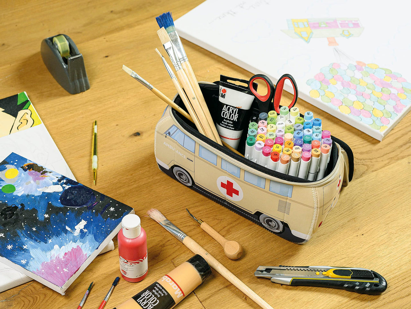 BRISA VW Collection - Volkswagen Neoprene Universal Makeup Cosmetics Toiletry Travel Pharmacy Bag in T1 Bus Design (Ambulance/Beige) (Small (9.1 x 4.3 x 3.1 inches))
