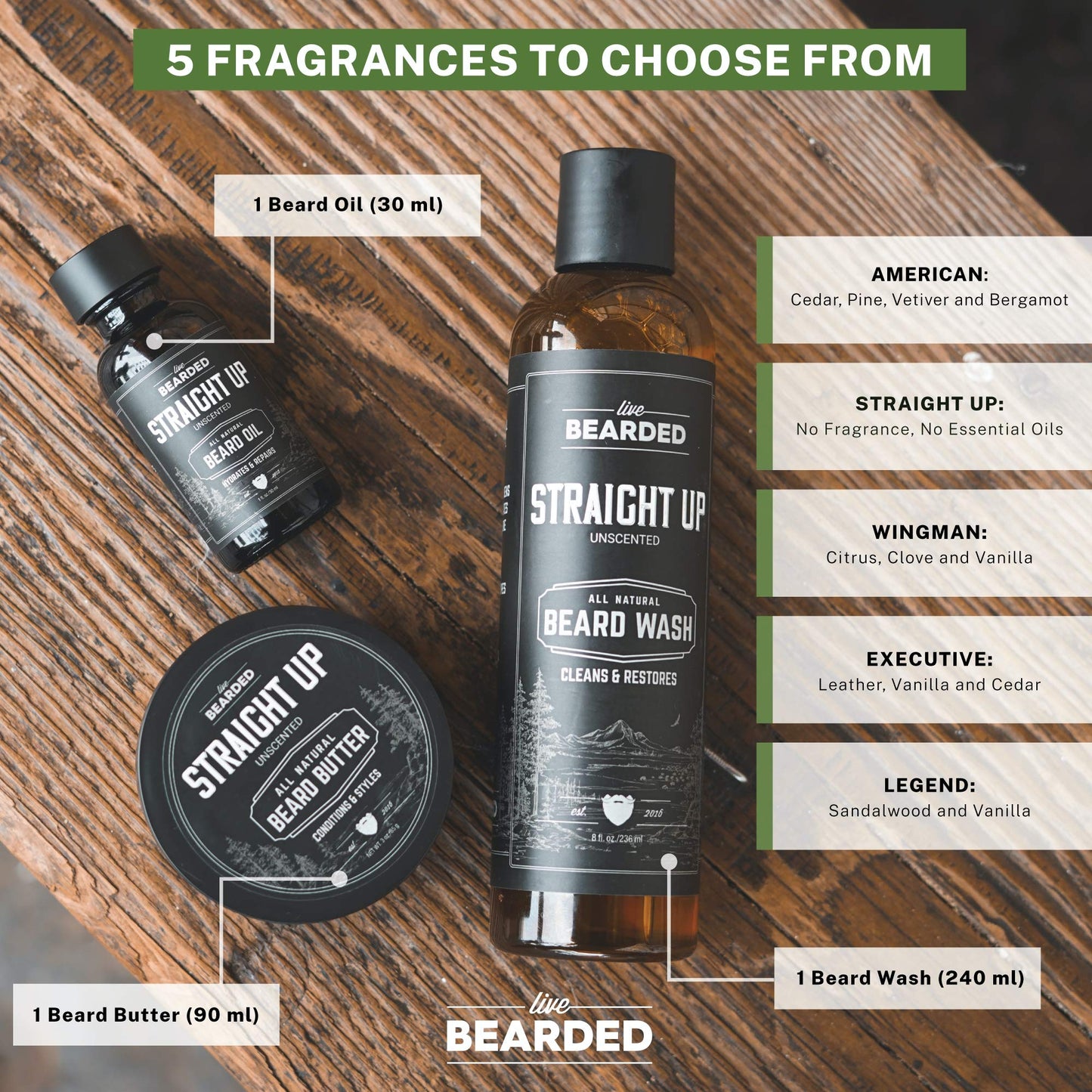 Live Bearded: 3-Step Beard Grooming Kit - Legend - Beard Wash, Beard Oil and Beard Butter - All-Natural Ingredients with Shea Butter, Jojoba Oil and More - Beard Growth Support - Made in the USA