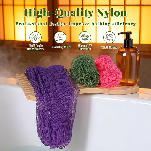 African Net Sponge - Exfoliating Bath Scrubber Set | 3 Pieces for All Skin Types - Gentle Loofah in Purple, Pink, Dark Green