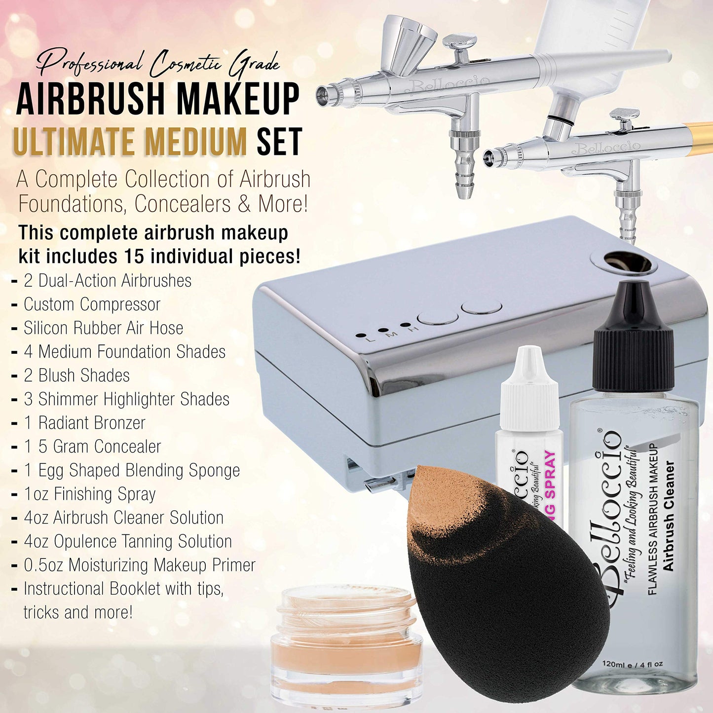 Belloccio Makeup and Tanning Airbrush System with MEDIUM Foundation and Blush Set